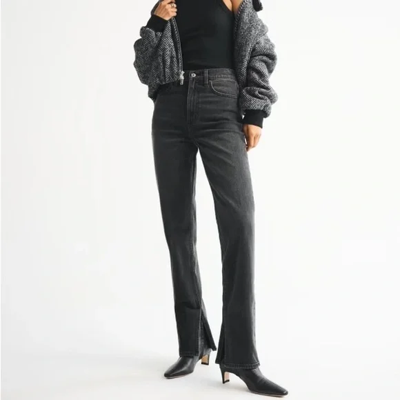 Abercrombie & Fitch 90’s Slim & Straighten Ultra High Rise Coated Black Vent Hem - Picture 2 of 6